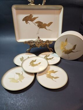 Vintage Otagiri 5 Coasters Tray Japan White Gold Cranes Hand Crafted